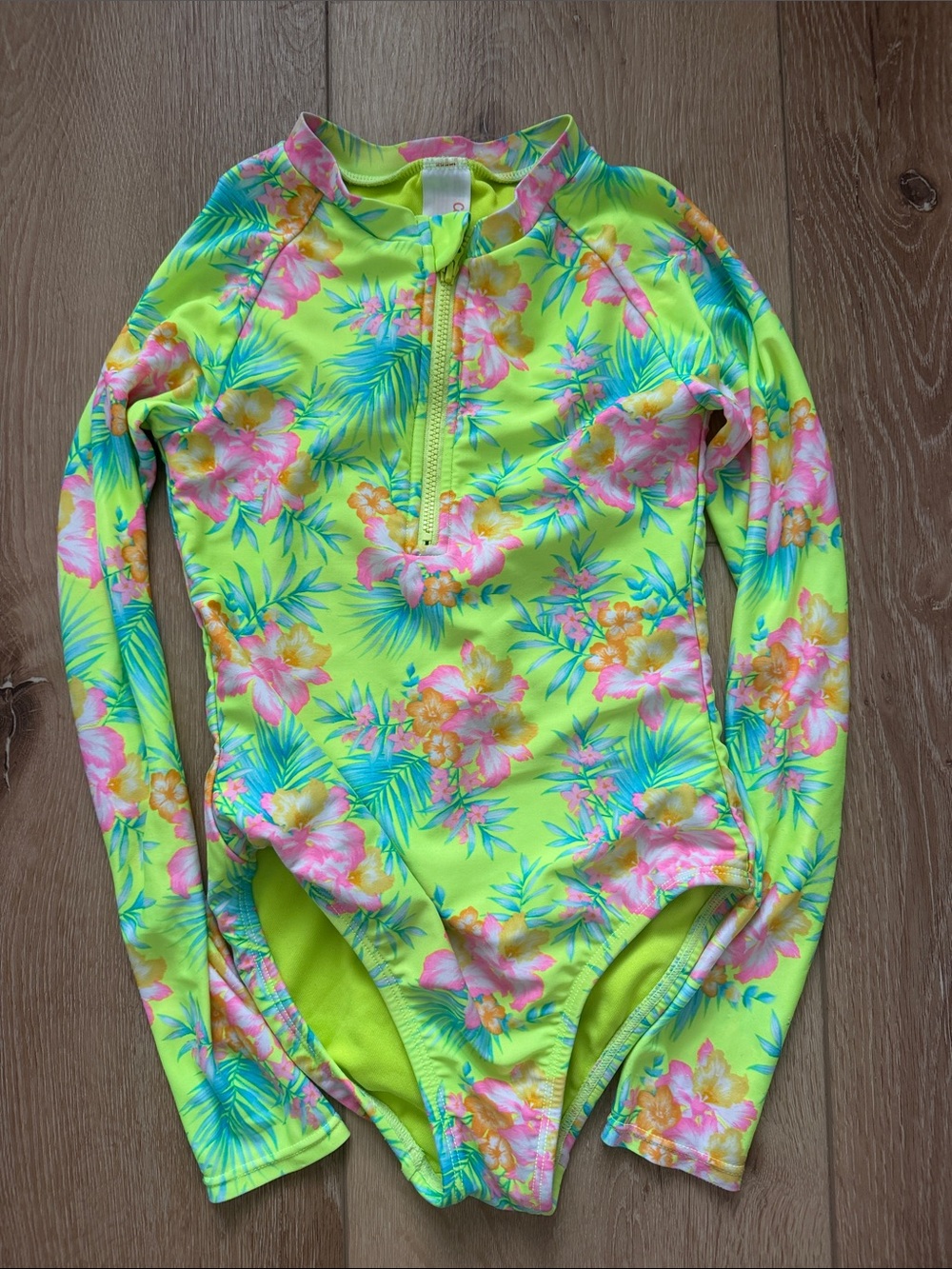 Cat & Jack Neon Floral Long-Sleeve One-Piece Swimsuit - Yellow Pink Green